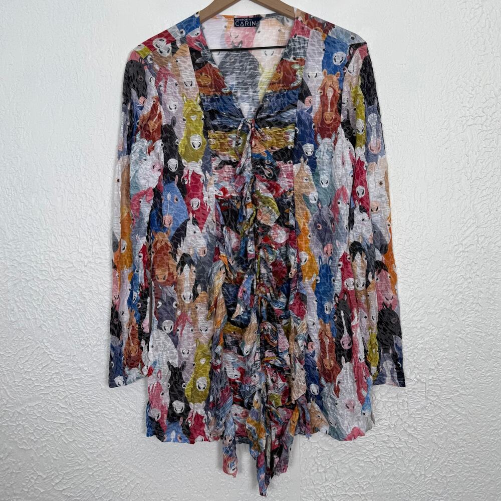 Newport by Carine Multi Color Horse Print Tie Front Long Sleeve Tunic Top